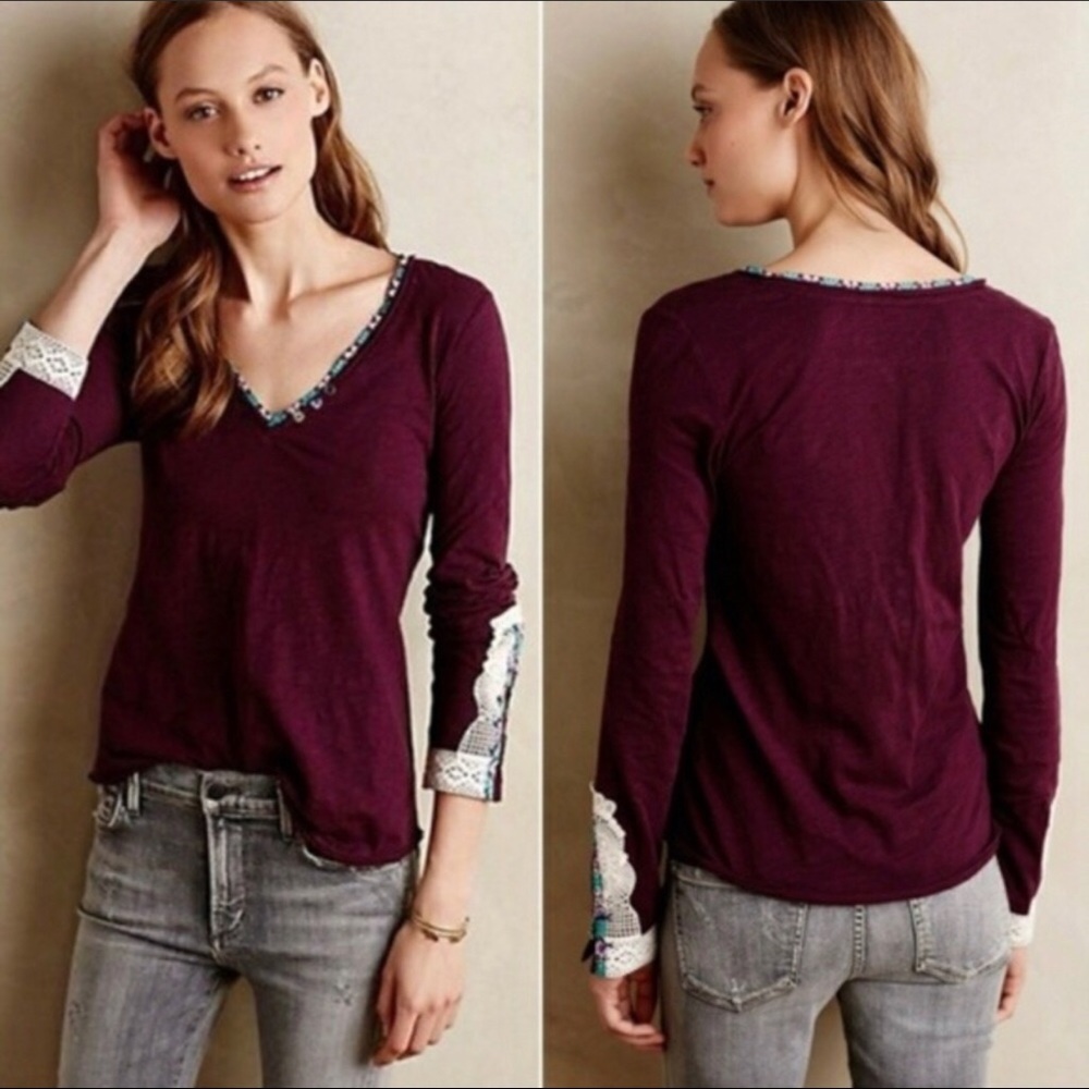 Anthropologie Little Yellow Button Burgundy v neck